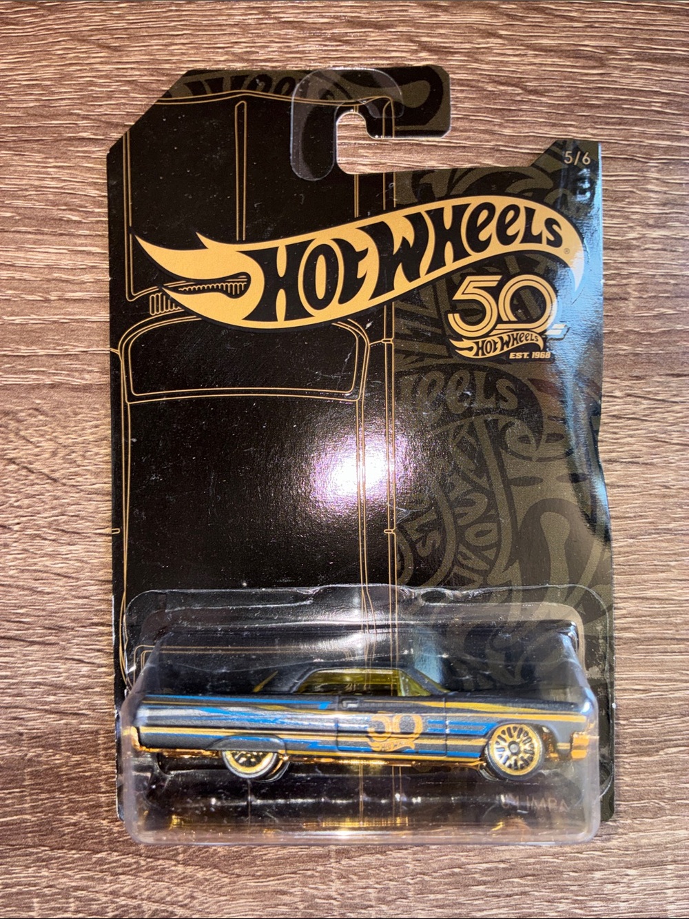 Hot Wheels LONG CARD 2017 2018 HW 50TH 50 TH 64 IMPALA 5/6 BLACK GOLD